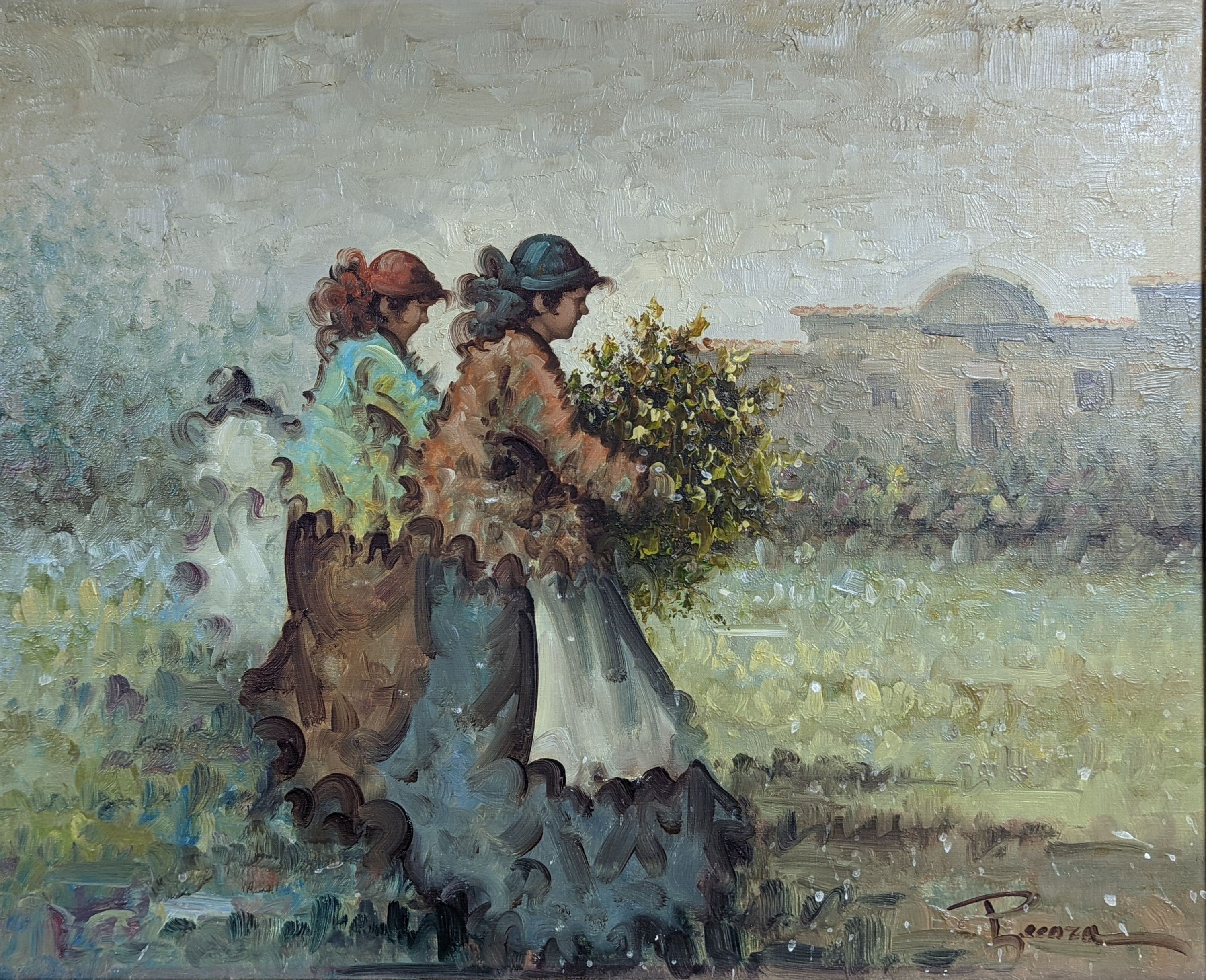 Pecora (American, b.1934-), oil on canvas, Women working in the fields, signed, 40 x 48cm